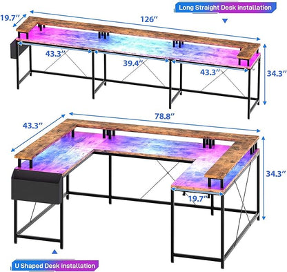 U Shaped Computer Gaming Desk, Reversible L Shaped Desk with Power Outlets, LED Strip & Monitor Stand, Large Corner Desk with Storage Shelves for Home Office, Rustic Brown