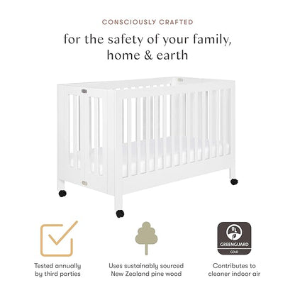 Babyletto Maki Full-Size 2-in-1 Portable Folding Crib with Toddler Bed Conversion Kit in White, Greenguard Gold Certified