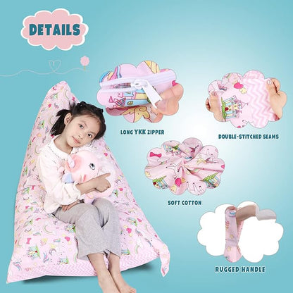 Stuffed Animal Storage Bean Bag Chair Cover, Cotton Pink Unicorn Rainbow Plush Toy Storage Stuff and Sit Seat for Kids/Teens/Adults, 52" x 31" Extra Large Triangle Sofa, 200L/52Gal, Cover Only
