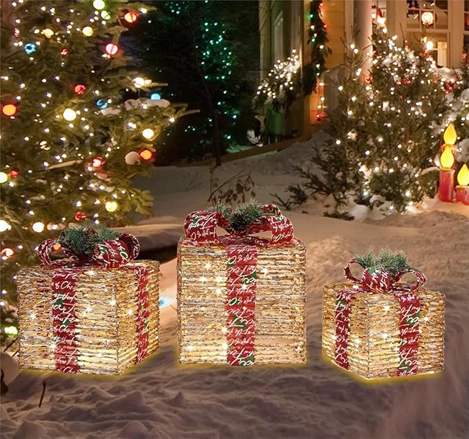 [Ultra-Large 15.5"x13.5"x11" Christmas Set of 3 Lighted Rattan Gift Boxes Decorations Pre-lit 91 Super-Bright LED with Flashers,for Indoor Outdoor Pathway Holiday Party Home(Warm White)