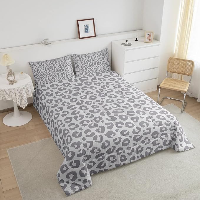 Feelyou Leopard Print Bedding Set Silver Gray Leopard Comforter Set for Boys Girls Kids Cheetah Printed Comforter Africa Wild Animal Skin Theme Duvet Set Room Decor Queen Size Quilt Set 3Pcs