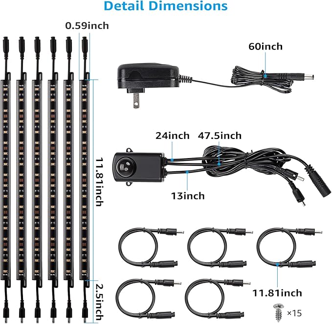 TORCHSTAR LED Safe Lighting Kit, (6) 12 Inch Linkable Light Bars + Motion Sensor + UL Power Adapter, 900LM, Input 100-240V, for Under Cabinet Gun Safe Locker Closet Showcase, 3000K Warm White