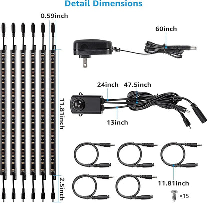 TORCHSTAR LED Safe Lighting Kit, (6) 12 Inch Linkable Light Bars + Motion Sensor + UL Power Adapter, 900LM, Input 100-240V, for Under Cabinet Gun Safe Locker Closet Showcase, 3000K Warm White