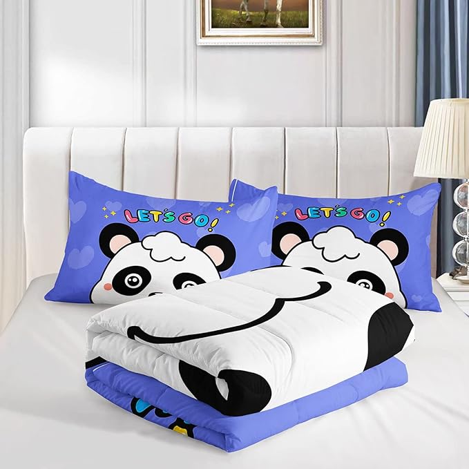 Datura home Panda Comforter Bedding Set for Boys Girls Kids Teens,Cartoon Panda Blue Heart Kawaii Animal Theme with 1 Comforter and 2 Pillowcases(Panda Queen)