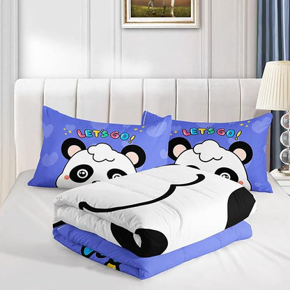 Datura home Panda Comforter Bedding Set for Boys Girls Kids Teens,Cartoon Panda Blue Heart Kawaii Animal Theme with 1 Comforter and 2 Pillowcases(Panda Queen)