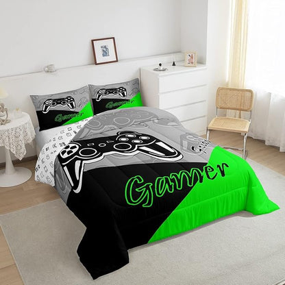 Feelyou Gamer Comforter Set Gaming Bedding Set for Teens Boys Video Game Decor Comforter Game Controller Quilted Duvet Set 1 Comforter with 2 Pillowcases Queen Green