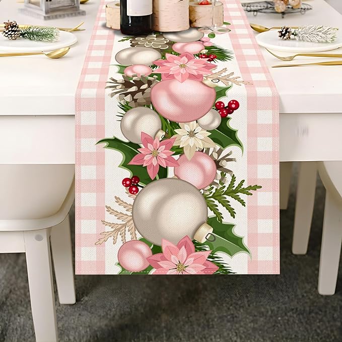 Nepnuser Pink Christmas Table Runner Pink and White Buffalo Check Plaid Xmas Decoration Seasonal Winter Holiday Home Kitchen Island Dining Room Decor