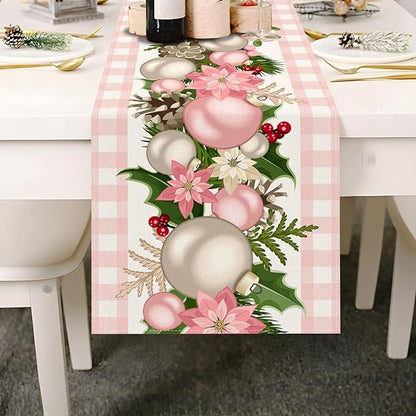 Nepnuser Pink Christmas Table Runner Pink and White Buffalo Check Plaid Xmas Decoration Seasonal Winter Holiday Home Kitchen Island Dining Room Decor