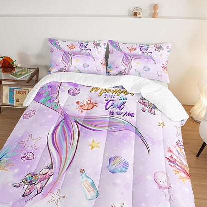 HOSIMA Kids Mermaid Comforter Set with 2 Pillowcases,Watercolor Ocean Life Sea Animal Mermaid Tail Pattern Bedding Set,Light Purpl Comforter for Teens Girls Women Bedroom Full Size Bed in a Bag Set.