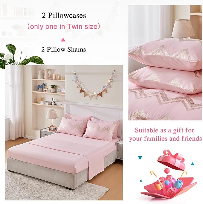 Wowelife 7 Pieces Pink Comforter Set King Size Gold Glitter Kids Bedroom Bedding Set Metallic Bed in a Bag for Girls with Comforter, Flat Sheet, Fitted Sheet 2 Pillow Shams and 2 Pillowcase