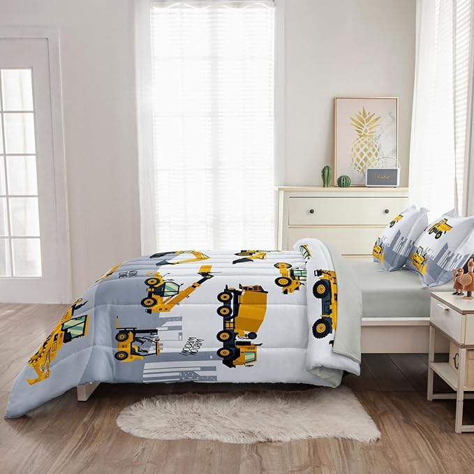 4-Pcs Construction Twin Size Boys Bedding Set, Kids Comforter Set for Teens with Sheets and Pillowcase, Soft Grey Tractor Cars Bed in a Bag Sets