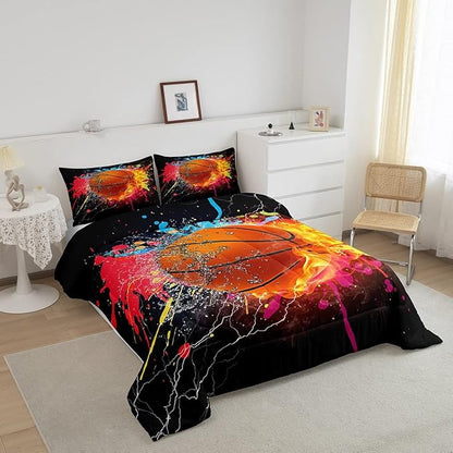Teen Boys Basketball Bedding Set Kids Sports Comforter Sets King Soft Lightweight Bedroom Dorm Decor,Red Blue Fire And Water Lightning Ball Duvet Insert,Colorful Grunge Tie Dye Quilt Bedding 3 Pcs