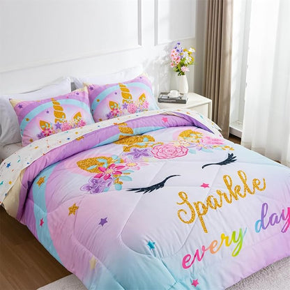 NTBED Unicorn Twin Comforter Set with Sheets,5 Pieces Kids Bedding Sets for Girls, Lightweight Microfiber Star Rainbow Bed in a Bag,Blue Purple