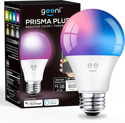 Geeni Prisma Plus 800 WiFi LED Smart Light Bulb, Brighter Color & Tunable White (2700-6500K), 1-Pack, A19 60W, No Hub Required, Light Bulb Works with Amazon Alexa, Google Home