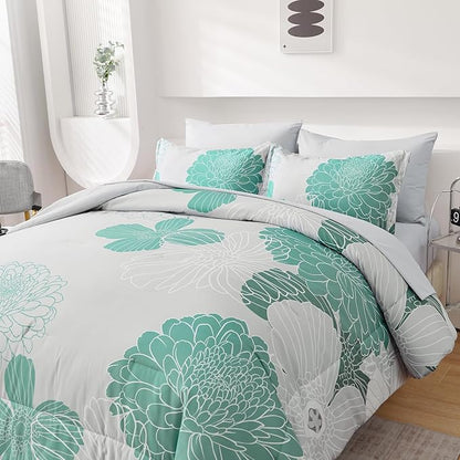Yiran Grey Aqua Floral Queen Comforter Set Bed in a Bag Soft Microfiber Comforter Bedding Set 90"×90",7 Pieces (1 Comforter,2 Pillowcases,2 Pillow Shams,1 Flat Sheet,1 Fitted Sheet)
