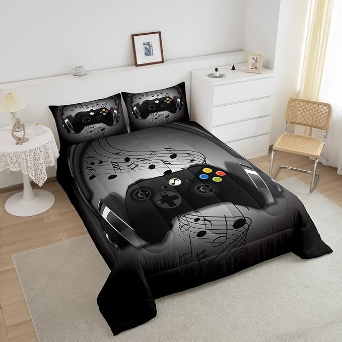 Gamer Comforter Set Full Size,Black Grey Headphones Musical Design Games Gamepad Bedding Set for Kids Boys Video Game Room Decor Retro Playing Gamer Down Comforter Gaming Controller Quilted Duvet Set