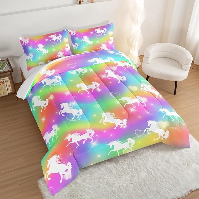 HOSIMA Unicorn Bedding 3pcs Rainbow Comforter Set with 2 Pillowcases,Sparkle Stars King Size Comforter Set for Adults Teen Girls,Cute Rainbow Unicorn Comforter Princess Toddler Bedding Set.