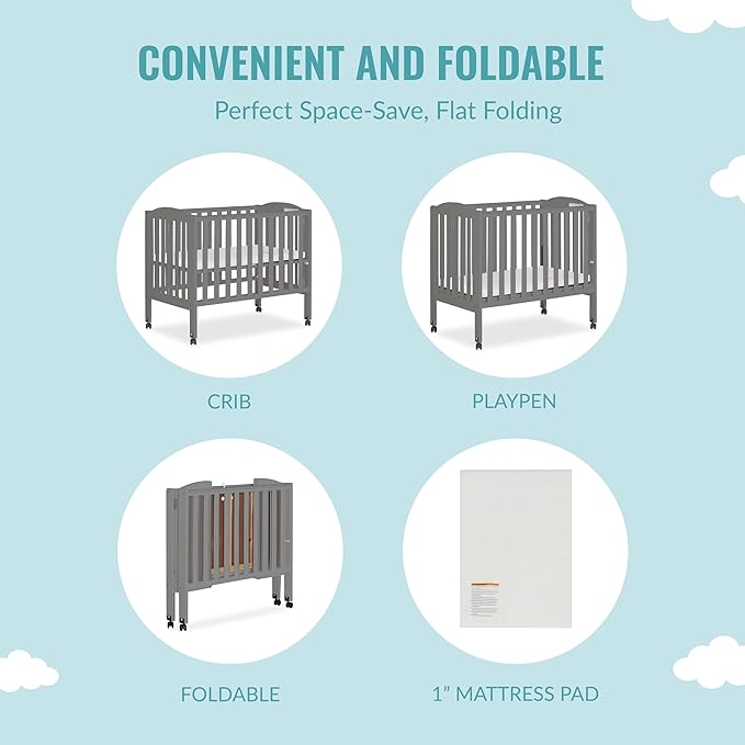2-in-1 Portable Folding Stationary Side Crib in Storm Grey, Greenguard Gold Certified, Two Adjustable Mattress Height Positions,Made of Solid Pinewood, Flat Folding Crib