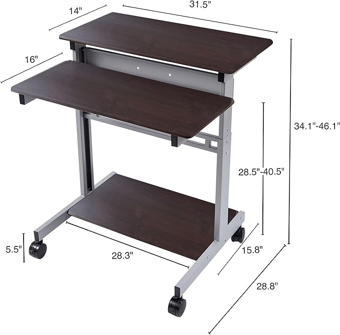 Stand Up Desk Store Rolling Adjustable Height Two Tier Standing Desk Computer Workstation (Silver Frame/Dark Walnut Top, 32" Wide)