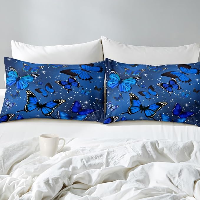 Butterfly Bedding Set for Girls, Butterfly Comforter, Blue Butterflies with Sparkle Stars Prints Comforter Set for Women Girls Butterfly Bedding Queen Size Quilt Sets, 1 Comforter + 2 Pillowcases