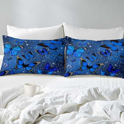 Blue Butterfly Comforter, Butterfly Bedding Set for Girls, Blue Butterflies with Sparkle Stars Prints Comforter Set for Women Girls Butterfly Bedding Full Size Quilt Set, 1 Comforter + 2 Pillowcases
