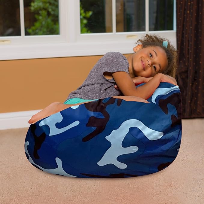 Posh Creations Bean Bag Chair for Kids, Teens, and Adults Includes Removable and Machine Washable Cover, Soft Nylon - Camo Blue and Light Blue, 27in - Medium