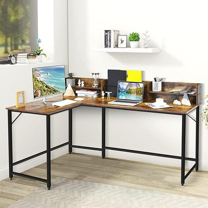 LUARANE 65.5 Inches L-Shaped Desk, Industrial Computer Desk with Hutch File Rack, Space Saving Corner Desk with Metal Frame, Computer Workstation for Home Office (Coffee)