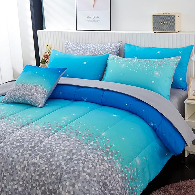 inron Aqua Glitter Comforter Sets for Girls Women,Full Size 5-Pieces Bed in a Bag Ultra Soft Microfiber Comforter and Sheet Sets, All Season Durable Bedding Set(Aqua,Full)