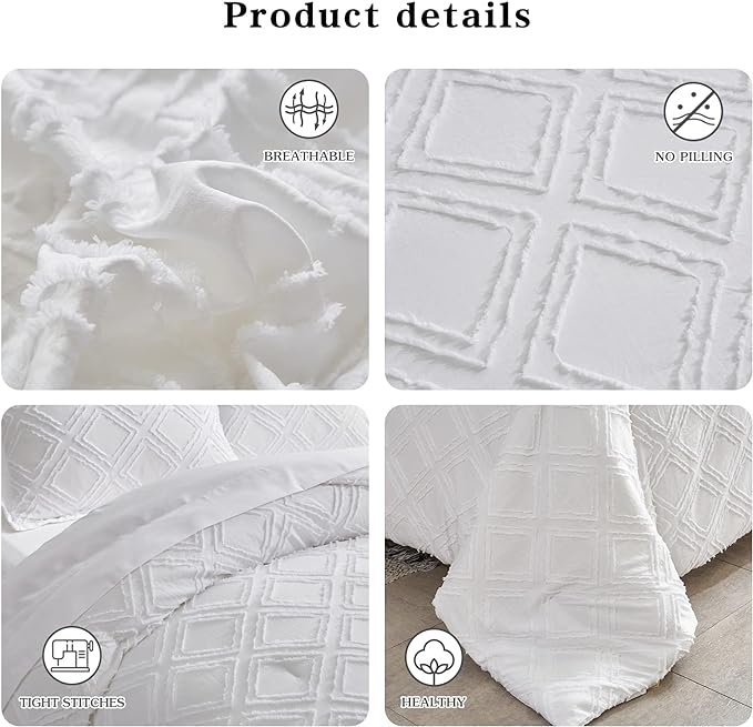 7 Pieces Tufted Bed in a Bag King Comforter Set with Sheets White, Soft and Embroidery Shabby Chic Boho Bohemian, Luxury Solid Color with Diamond Pattern, Jacquard Tufts Bedding Set for All Season