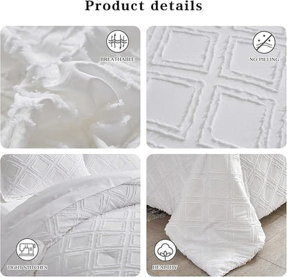 6 Pieces Tufted Bed in a Bag Twin Comforter Set with Sheets White, Soft and Embroidery Shabby Chic Boho Bohemian Design, Luxury Solid Color with Diamond Pattern, Jacquard Tufts Bedding Set for Kids