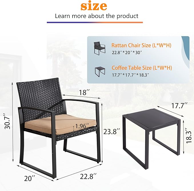 Shintenchi 3 Pieces Outdoor Patio Furniture Set, Modern Wicker Bistro Set, Conversation Rattan Chair of 2 with Coffee Table for Yard Porch Poolside Lawn(Khaki Cushion)