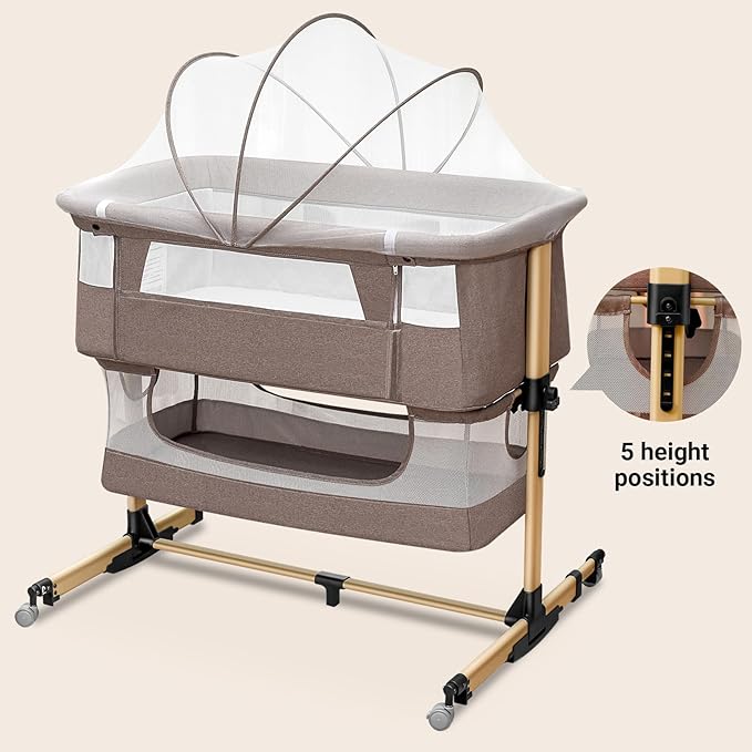 Baby Crib,3 in 1 Baby Bassinet Bedside Crib Adjustable Portable Bed for Infant,Baby Newborn Must Have Bed,Khaki