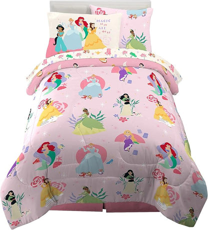 Franco Kids Bedding Super Soft Comforter and Sheet Set with Sham, 5 Piece Twin Size, Disney Princess
