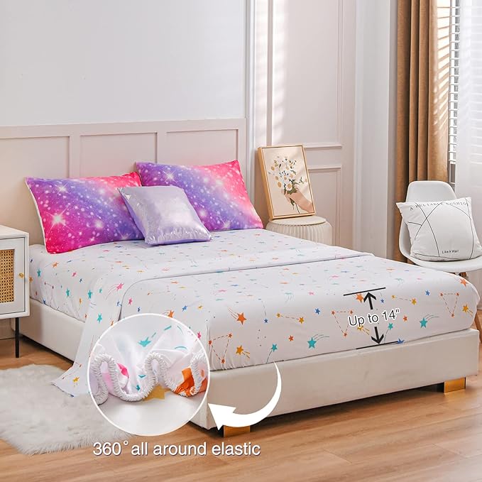 A Nice Night 6Pcs Gradient Glitter Bedding Set for Girls, Colorful Rainbow Galaxy Comforter Set, Ultra Soft Bedding Sets (Pink-Purple,Twin 6Pcs)