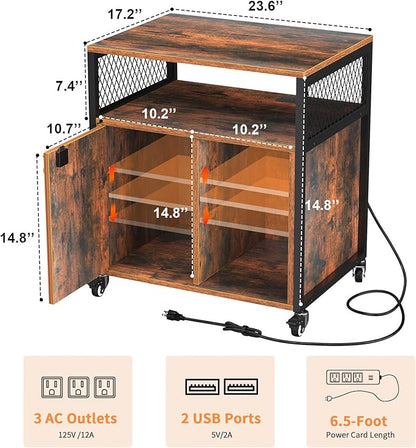 LED Rolling Wheels Filing Cabinet with Lock, File Cabinets with Charging Station, Printer Stand with Storage for Office Home, A4 Letter Size File Folders