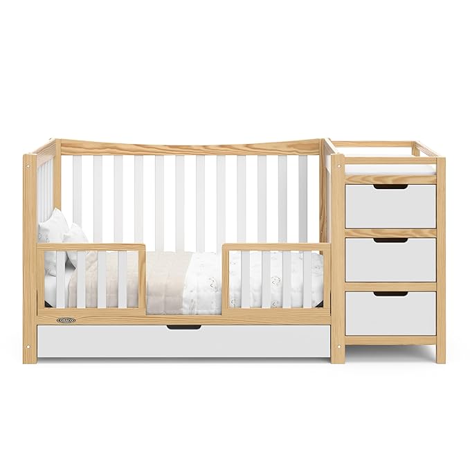 Graco Remi 4-In-1 Convertible Crib & Changer With Drawer (White & Natural) – GREENGUARD Gold Certified, Crib And Changing-Table Combo, Includes Changing Pad, Converts To Toddler Bed, Full-Size Bed
