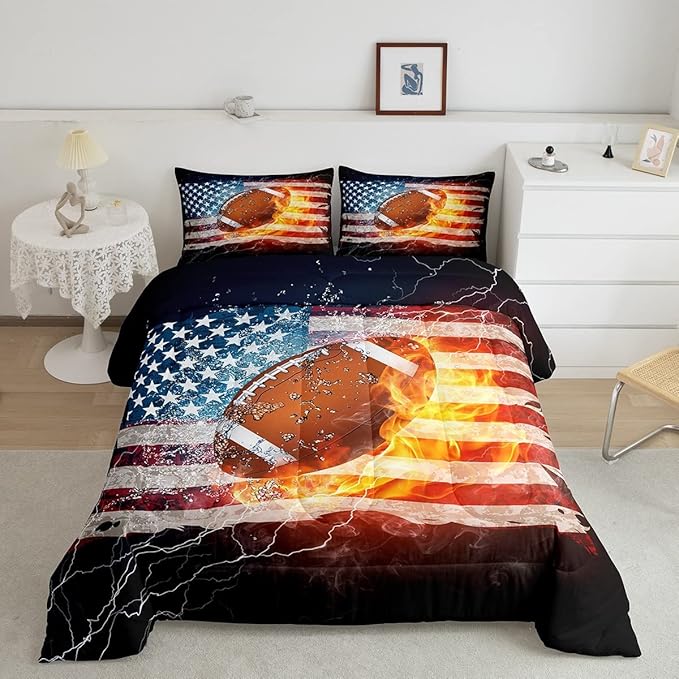Boys American Football Comforter Set, United States Flag Down Comforter King Size, Soccer Sports Games Bedding Set for Kids Teens Adult Men, Geometric Stripes Retro Duvet Sets, Blue White and Red