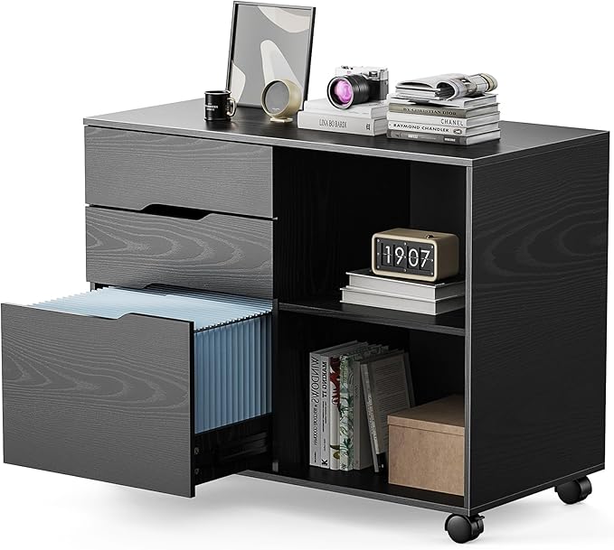 Sweetcrispy 3 Drawer File Cabinet Organizer Lateral Printer Stand Rolling Desk with Adjustable Storage Shelves for Office Home Small Space, Black Wood