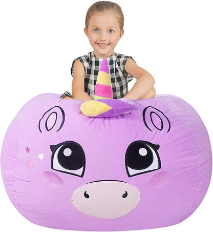 Aubliss Stuffed Animal Storage, Velvet Bean Bag Chairs Cover, Large 32" Ultra Soft Kids Toy Storage Organizer for Blankets Towels Clothes Home Supplies, Purple Big Eyes