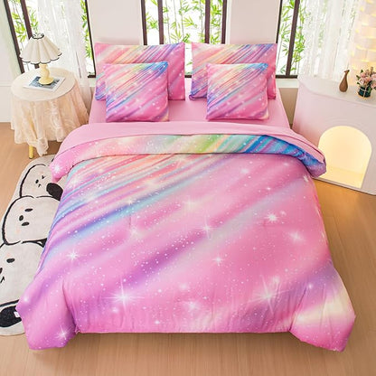 Full Size Bedding Sets Kids Bedding Sets for Girls,Galaxy Bedding 7pieces Glitter Pink Comforter, Colorful Comforter Full Size Comforter Sets for Teen Girls