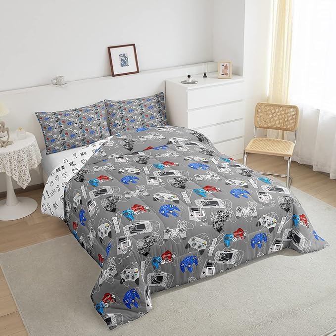 Games Comforter Set Queen Video Games Gaming Bedding Comforters, Boys Teens Games Room Decor Reversible Bedding Set for All Season Home Decoration, Game Controller Pattern Down Comforter, Grey White