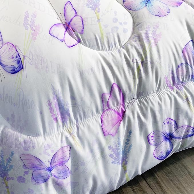 Purple Butterfly Comforter Set Queen Size for Girls Kids Adults Lavender Flowers Pattern Bedding Set Aesthetics Butterflies Quilt Bed Set with 1 Comforter and 2 Pillowcases