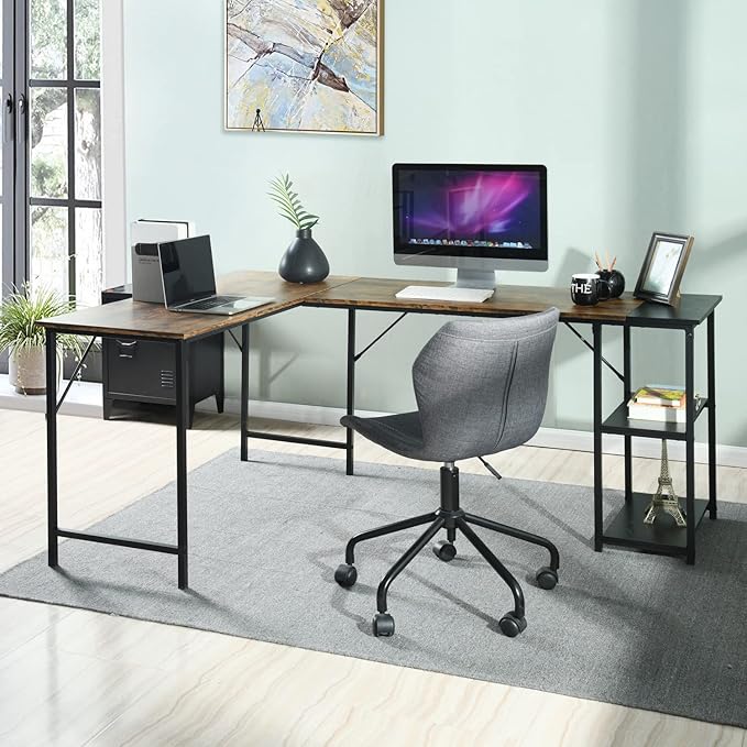 FurnitureR L-Shaped 58.3''Corner Computer Desk with Storage Shelf Long Gaming Desk for Home Office PC Workstation Saving Space Laptop Table (Brown and Black)
