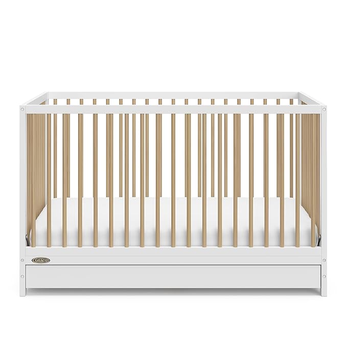 Graco Teddi 5-in-1 Convertible Crib with Drawer (White with Driftwood) – GREENGUARD Gold Certified, Crib with Drawer Combo, Full-Size Nursery Storage Drawer, Converts to Toddler Bed