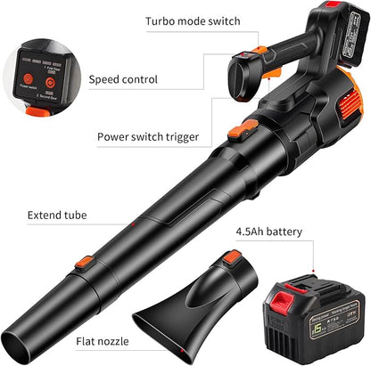 2024 Strong Power Leaf Blower Cordless, 500CFM 120MPH Leaf Blower with Battery and Charger, 20V 4.5Ah Battery Powered with Flat and Round Nozzles, for Lawn Care Yard Porch Driveway Patio Clean Snow