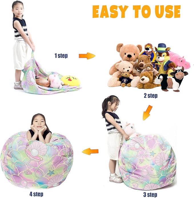 Stuffed Animal Storage Bean Bag Chair Cover, Hold Kids Plush Toys Blankets Towels Beanbag (Cover Only), Canvas Floor Circle Stuff Sit Seat Sofa with YKK Zipper, Extra Large 38", Pink Shell
