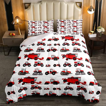 Erosebridal Red Tractor Comforter Set Queen Size Heavy Equipment Truck Down Comforter Kids Boys Girls Teens Harvester Tractor Bedding Set Construction Excavator Farm Equipment Quilt Set