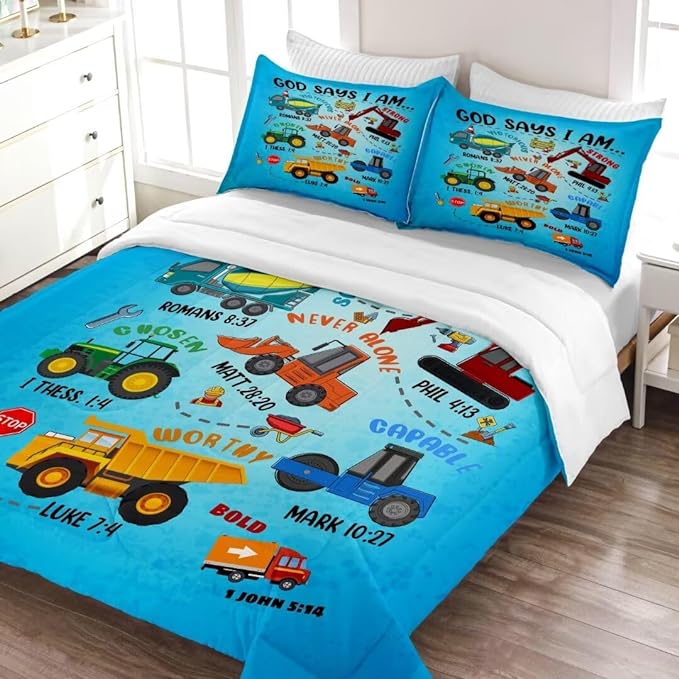 Boys Construction Vehicles Truck Comforter Set Twin,Christian Kids God Says I Am Construction Bedding Set,Car Excavator Tractor Bedroom Set（1 Comforter 2 Pillowcase） Blue