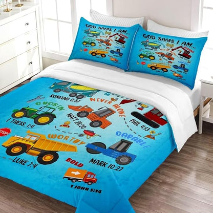 Boys Construction Vehicles Truck Comforter Set Queen,Christian Kids God Says I Am Construction Bedding Set,Car Excavator Tractor Bedroom Set（1 Comforter 2 Pillowcase） Blue