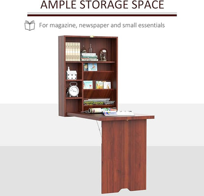 HOMCOM Compact Fold Out Wall Mounted Convertible Desk with Storage, Mahogany